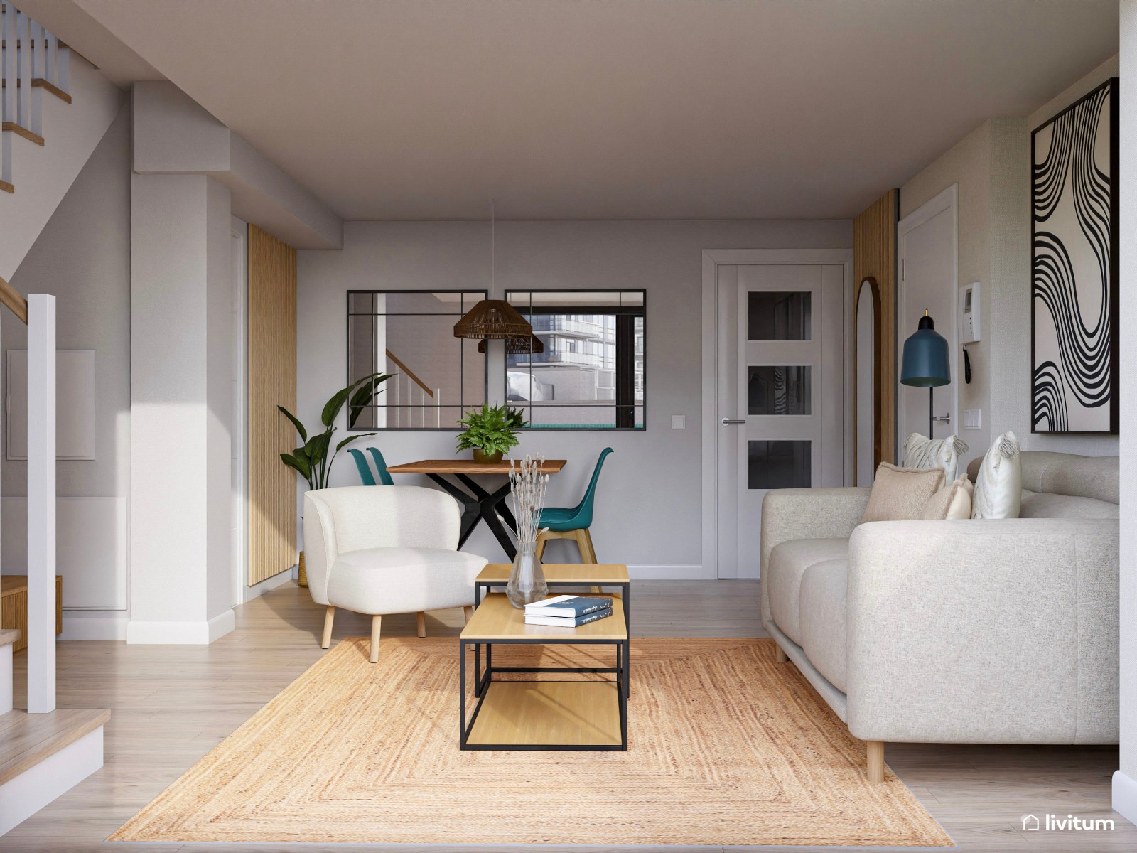 Salón comedor con madera, negro y detalles en verde