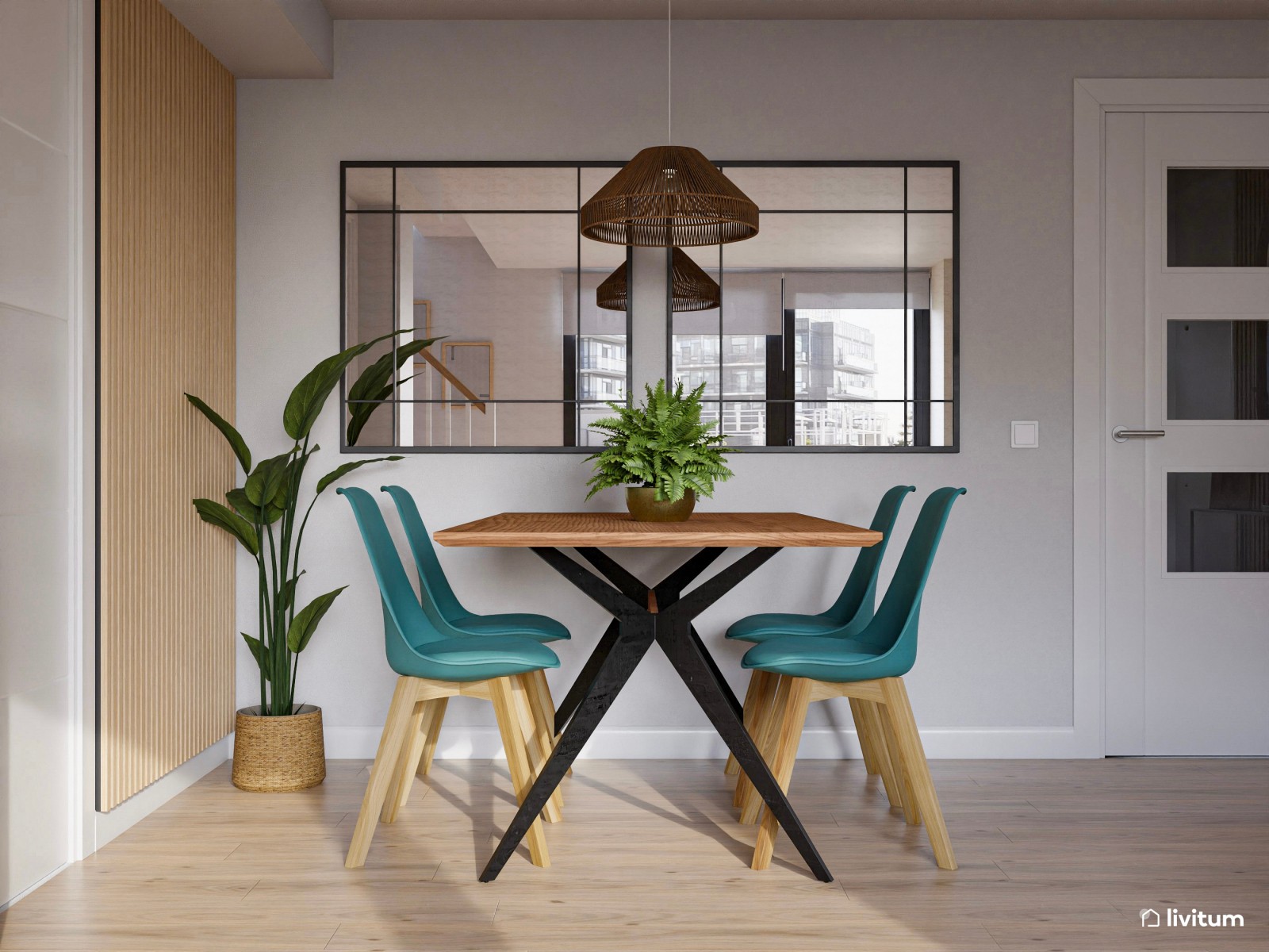 Salón comedor con madera, negro y detalles en verde