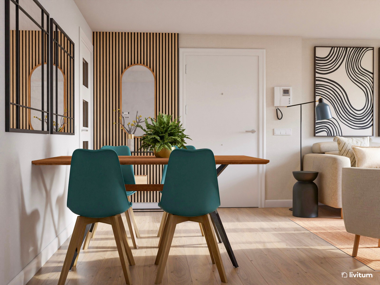 Salón comedor con madera, negro y detalles en verde