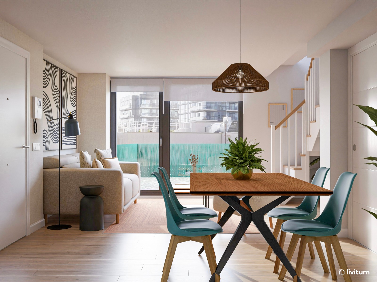 Salón comedor con madera, negro y detalles en verde