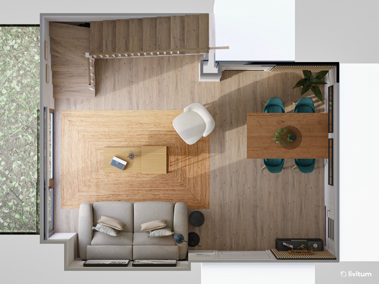 Salón comedor con madera, negro y detalles en verde