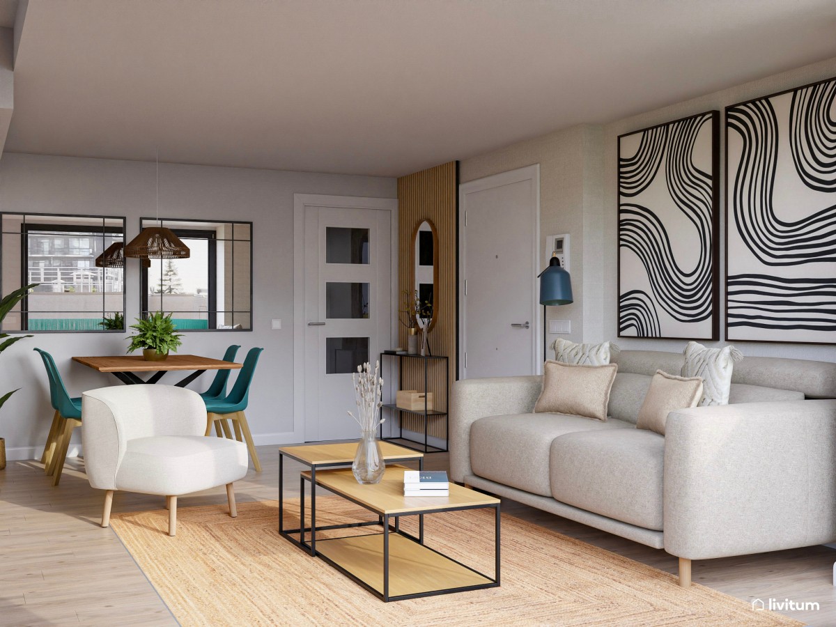 Salón comedor con madera, negro y detalles en verde