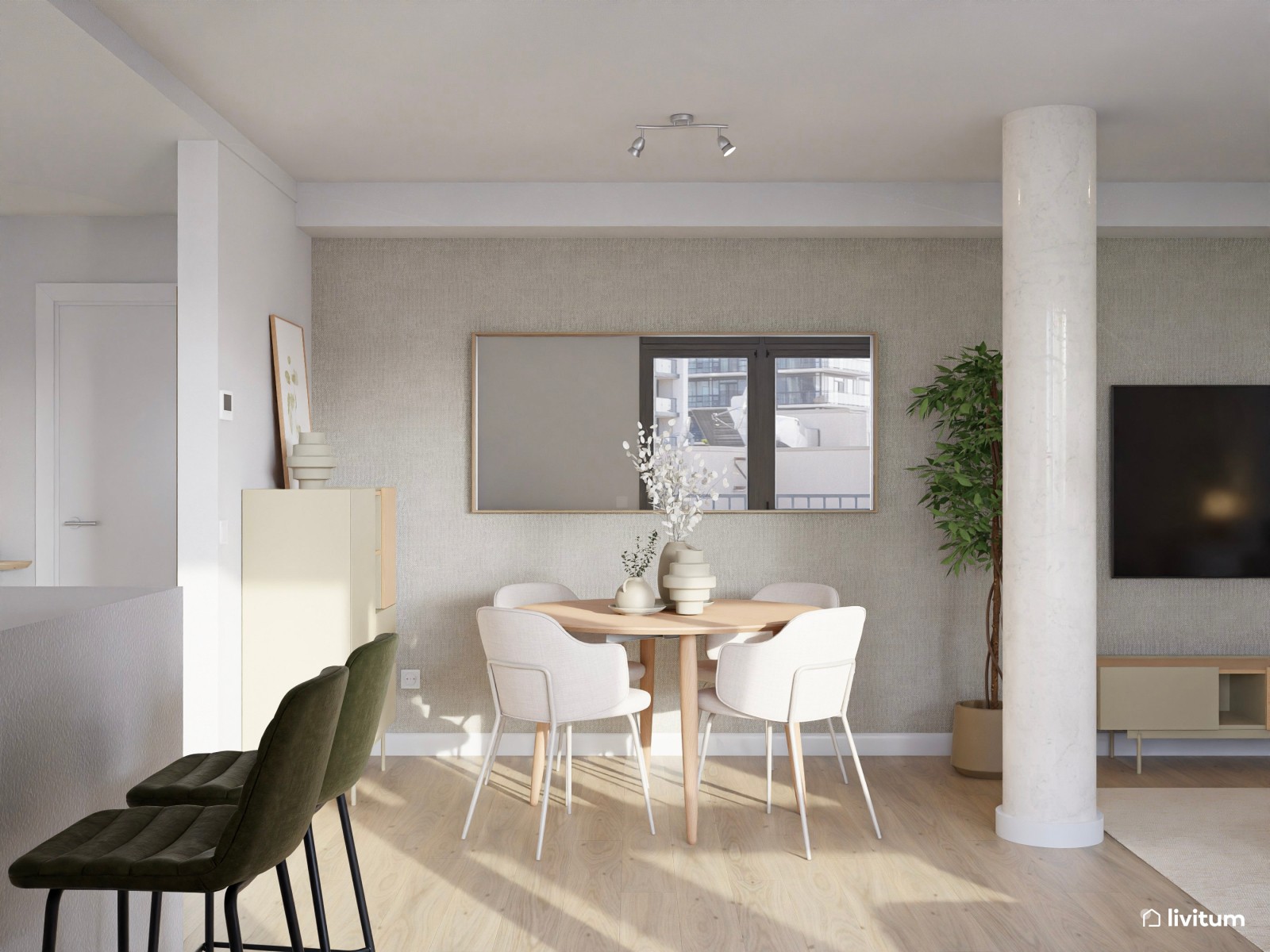 Salón comedor con mucha luz y molduras decorativas