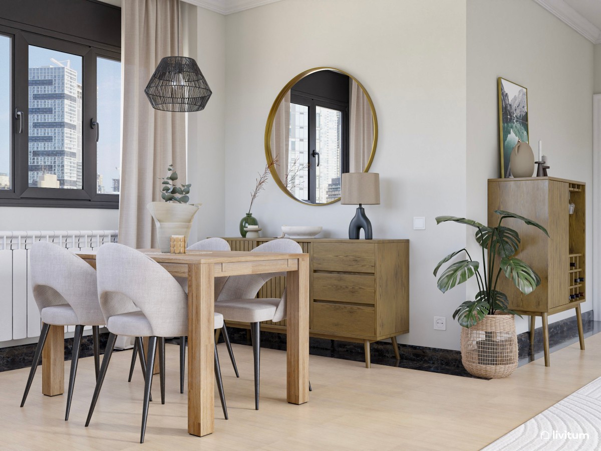 Salón comedor con muebles de madera y toques de verde