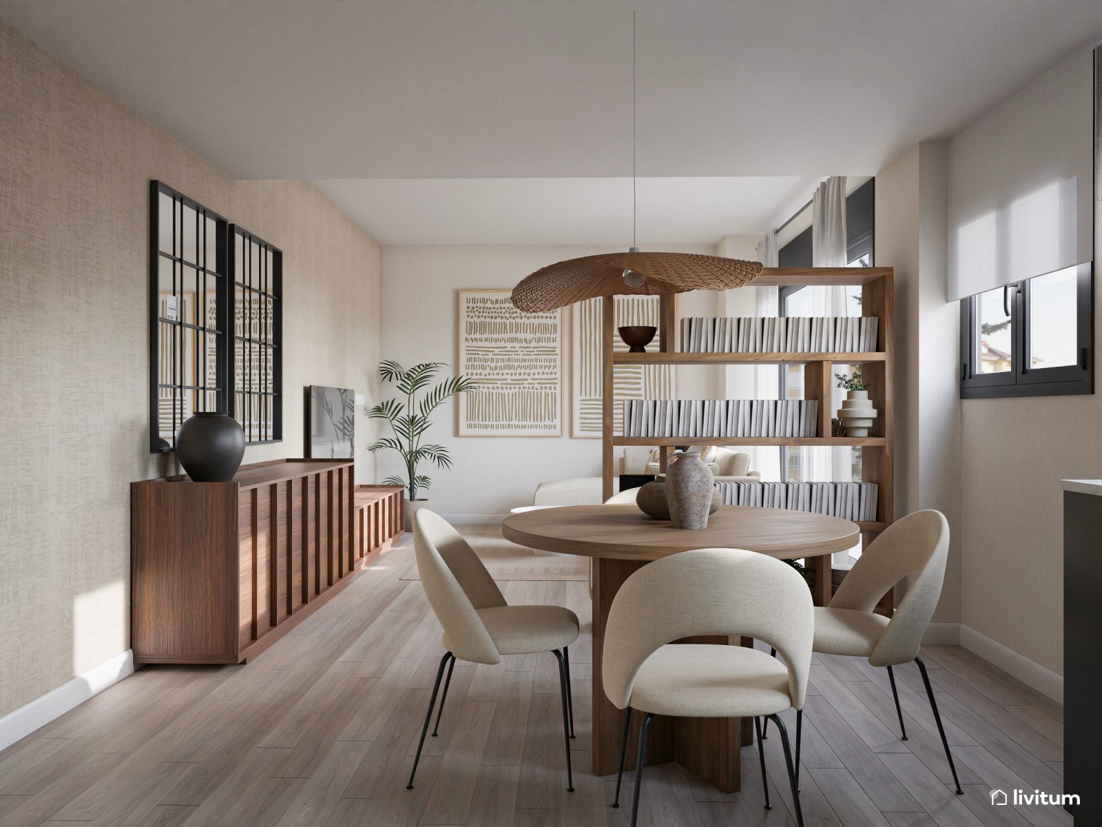Salón comedor con muebles de nogal y estantería que separa ambos espacios