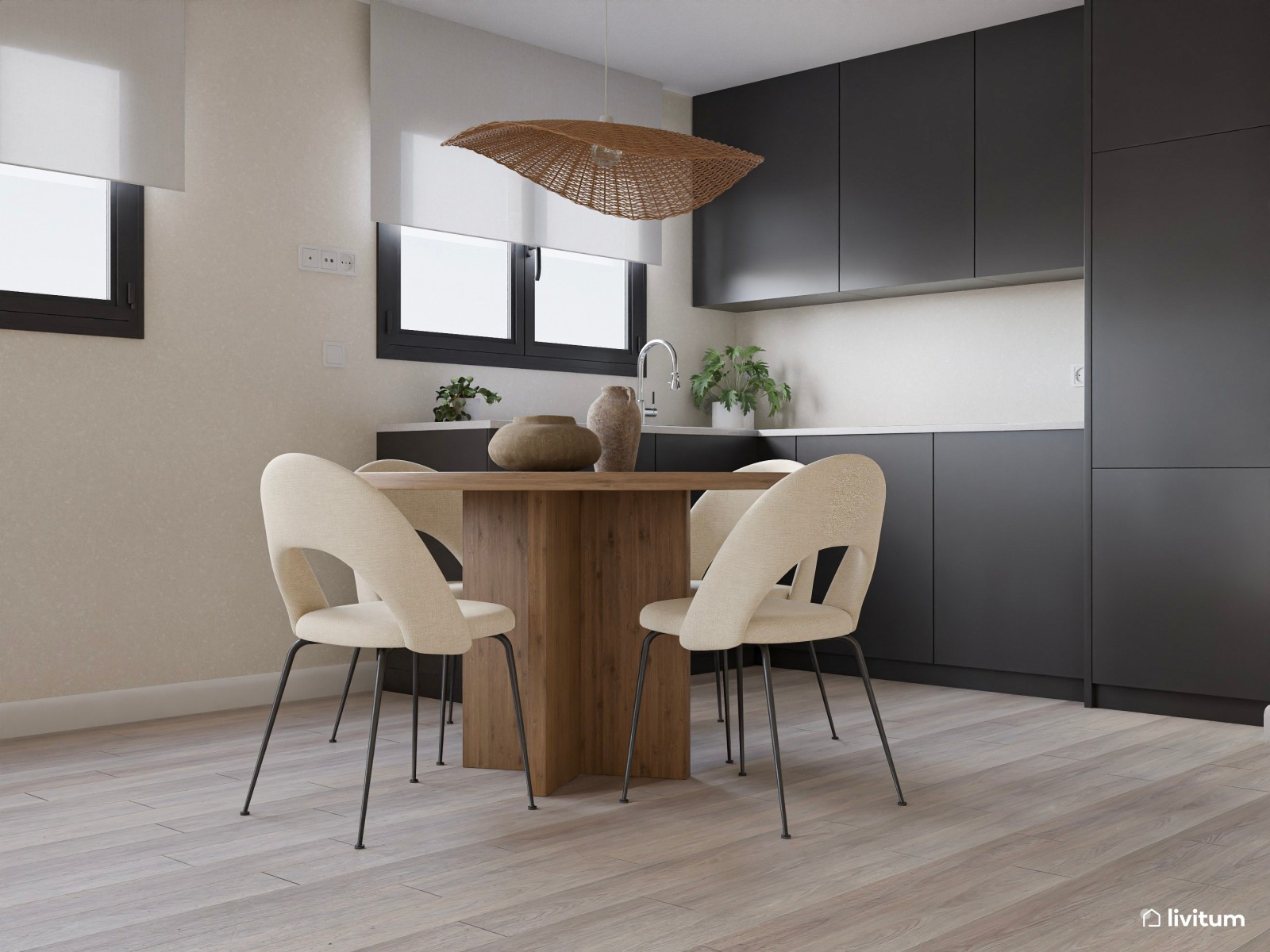 Salón comedor con muebles de nogal y estantería que separa ambos espacios
