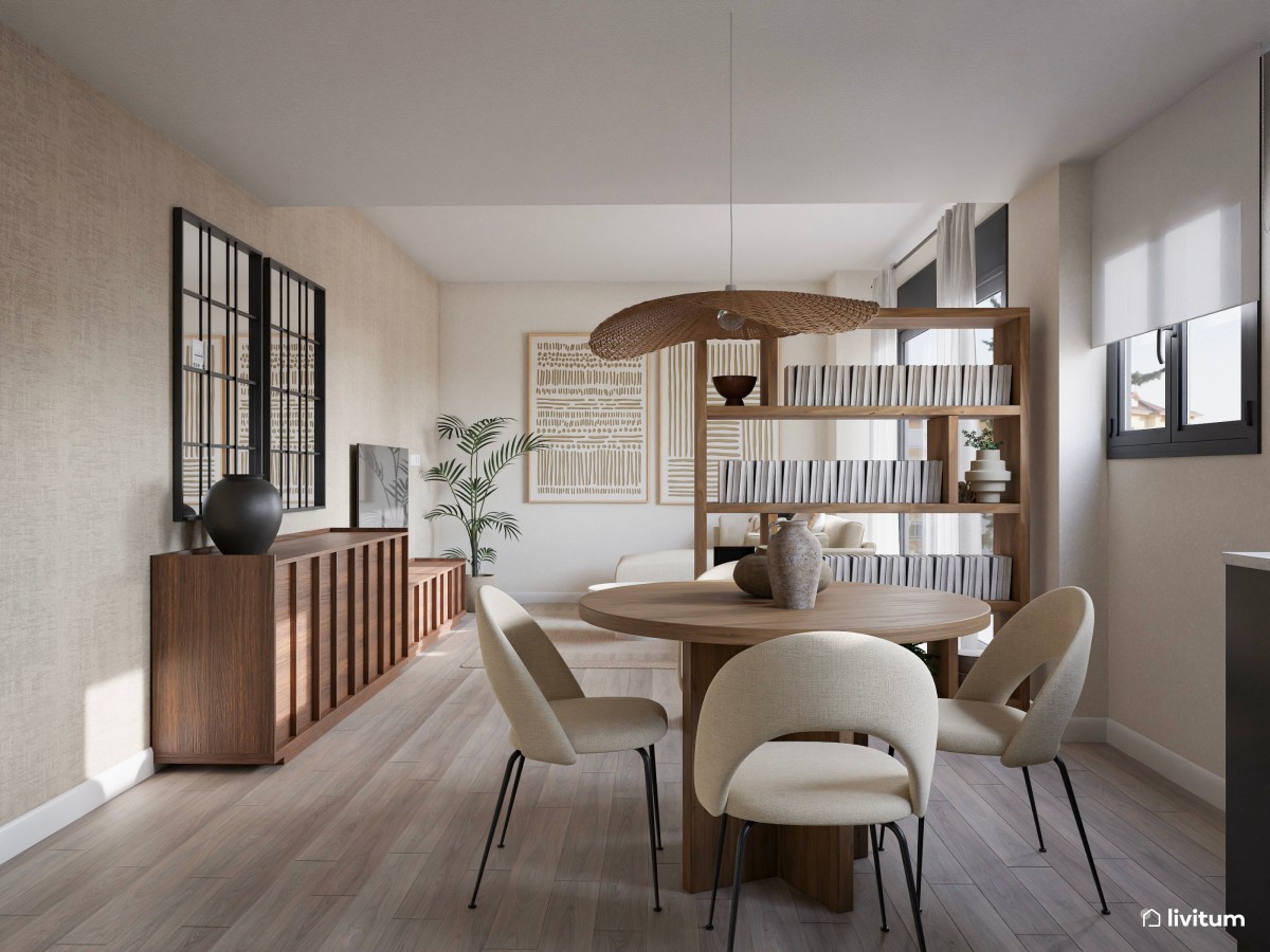 Salón comedor con muebles de nogal y estantería que separa ambos espacios