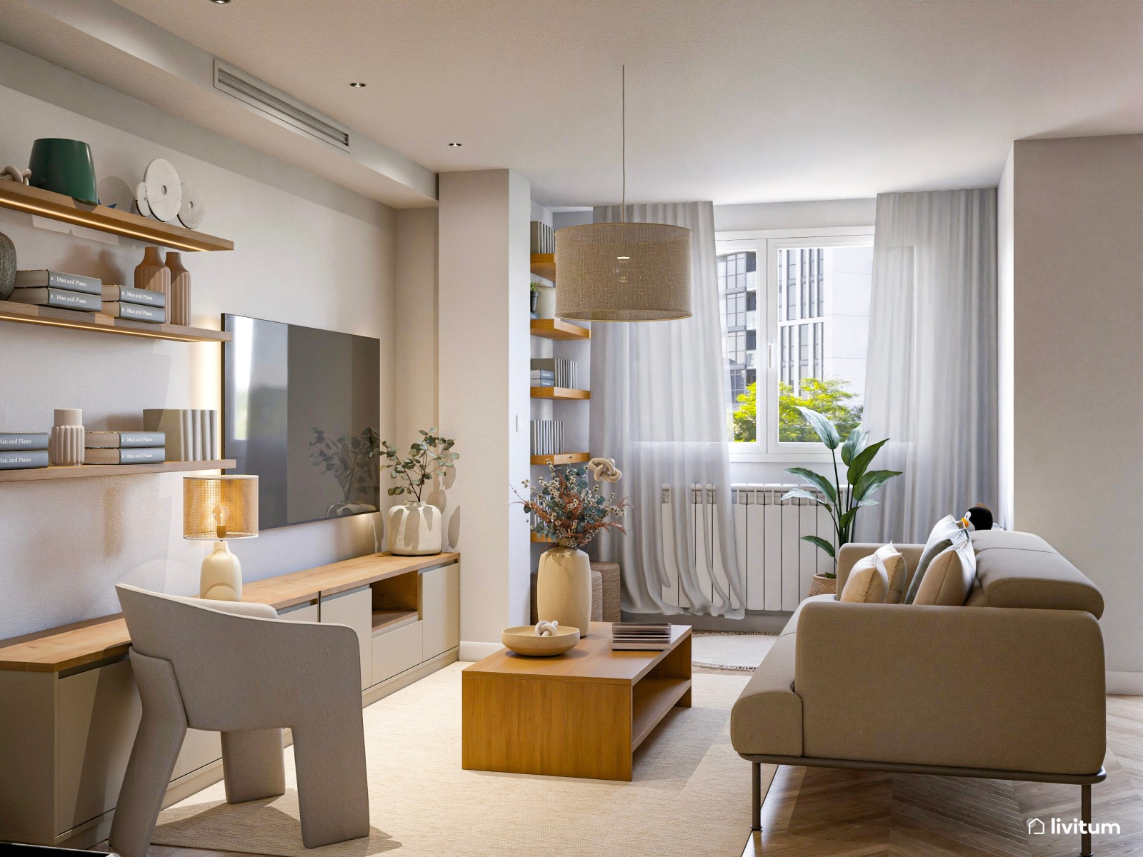 Salón comedor con sala de juegos de estilo nórdico