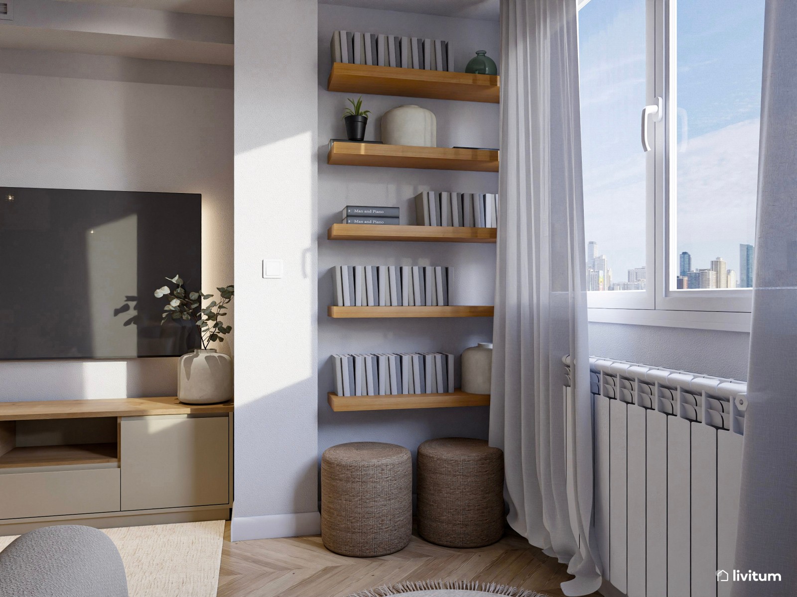 Salón comedor con sala de juegos de estilo nórdico