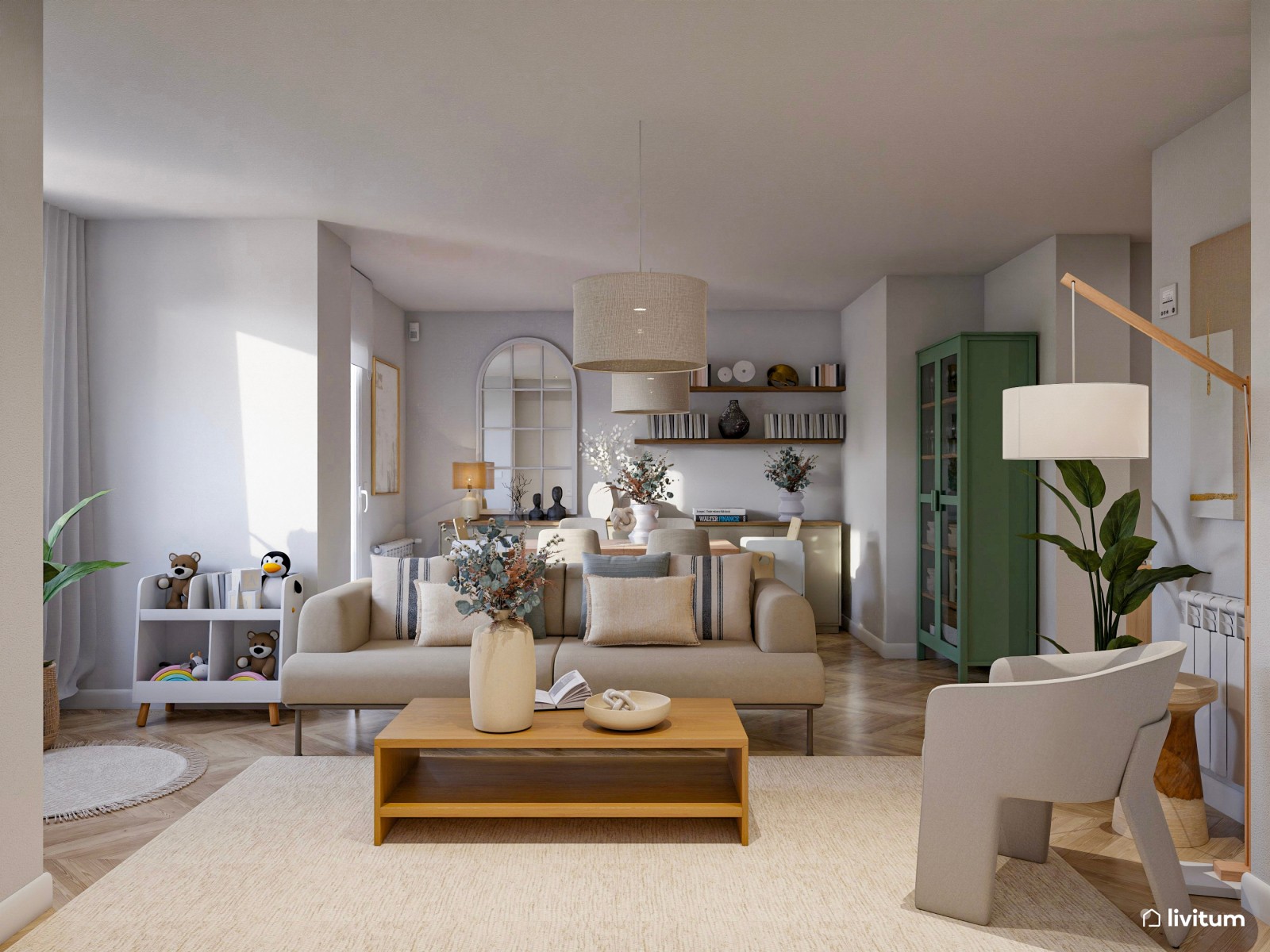 Salón comedor con sala de juegos de estilo nórdico