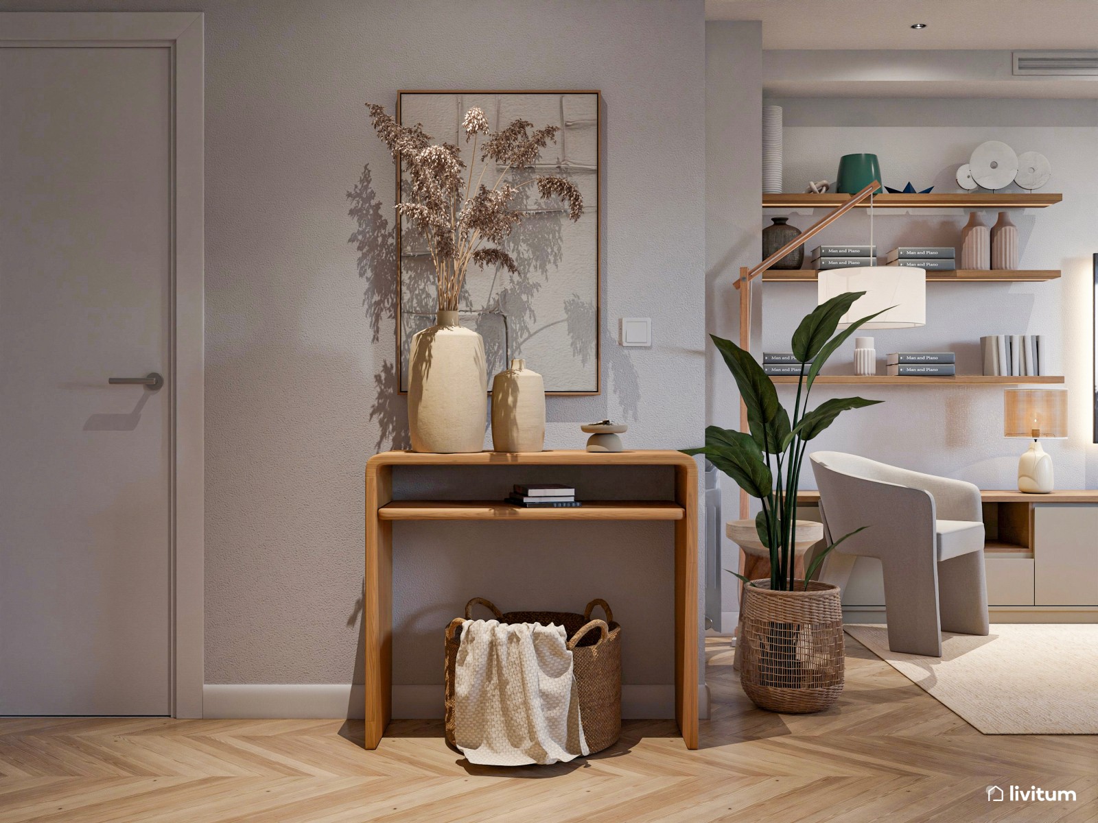 Salón comedor con sala de juegos de estilo nórdico