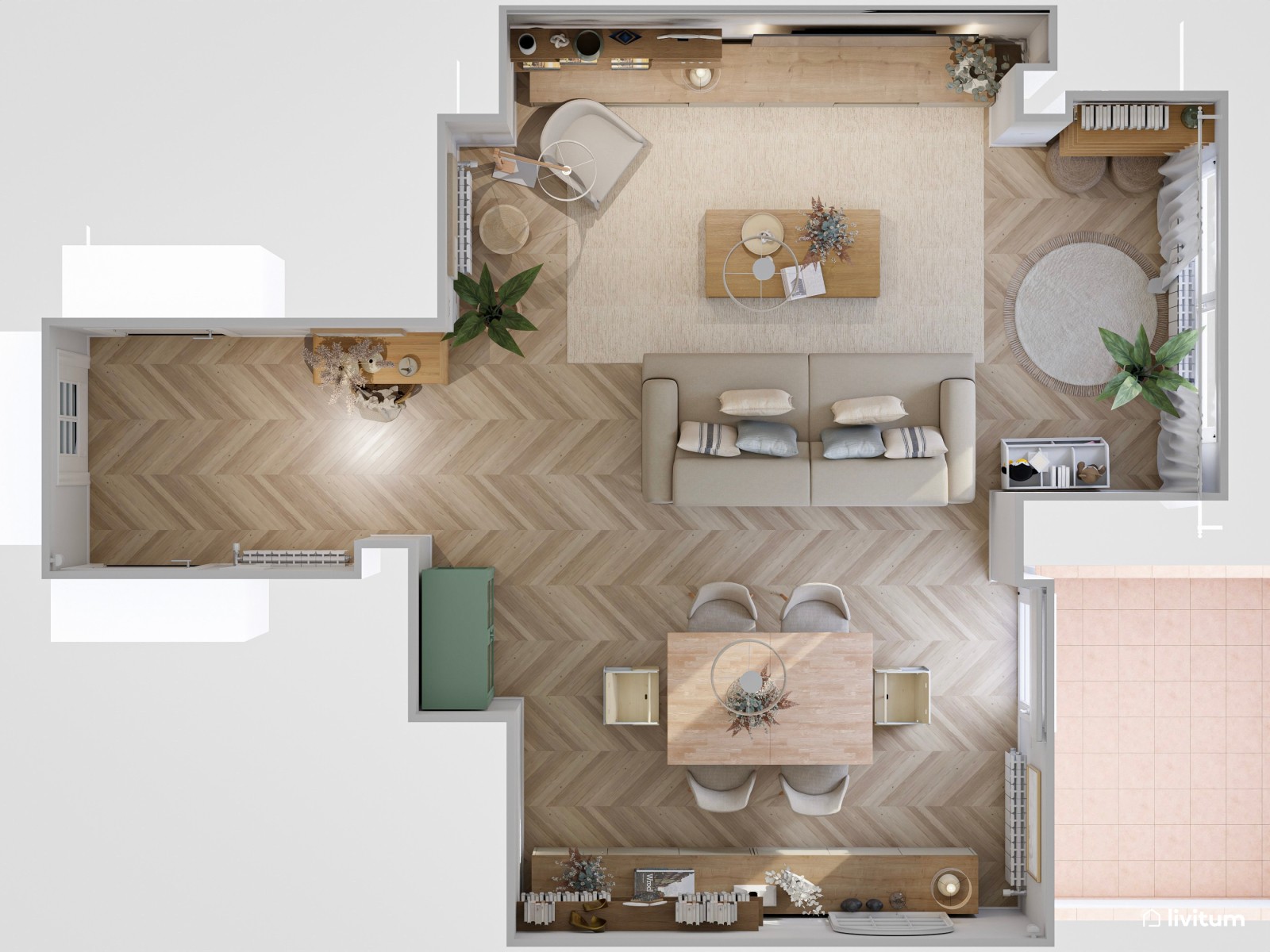 Salón comedor con sala de juegos de estilo nórdico