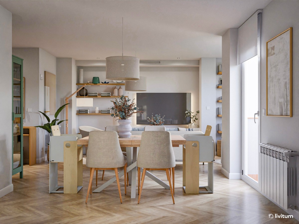 Salón comedor con sala de juegos de estilo nórdico