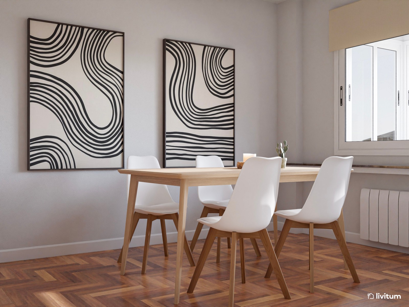 Salón comedor con sofá en verde y detalles en negro
