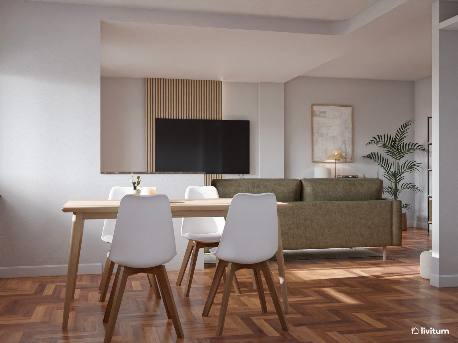 Salón comedor con sofá en verde y detalles en negro