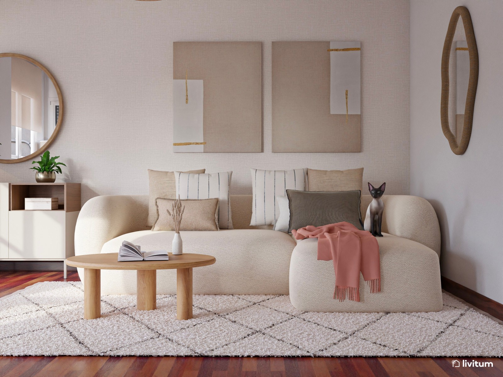 Salón comedor con suelo oscuro y diseño minimalista en tono arena 