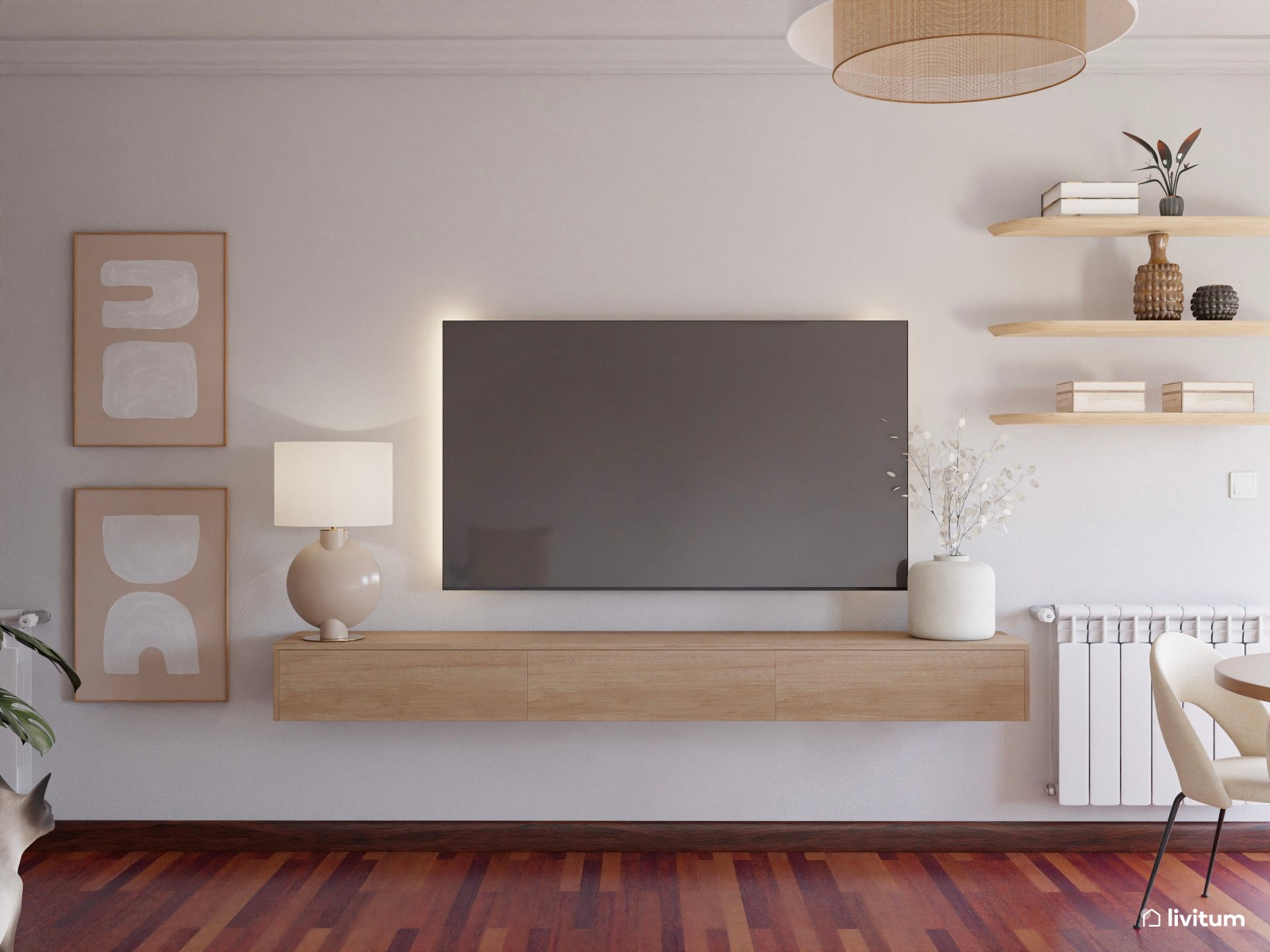 Salón comedor con suelo oscuro y diseño minimalista en tono arena 