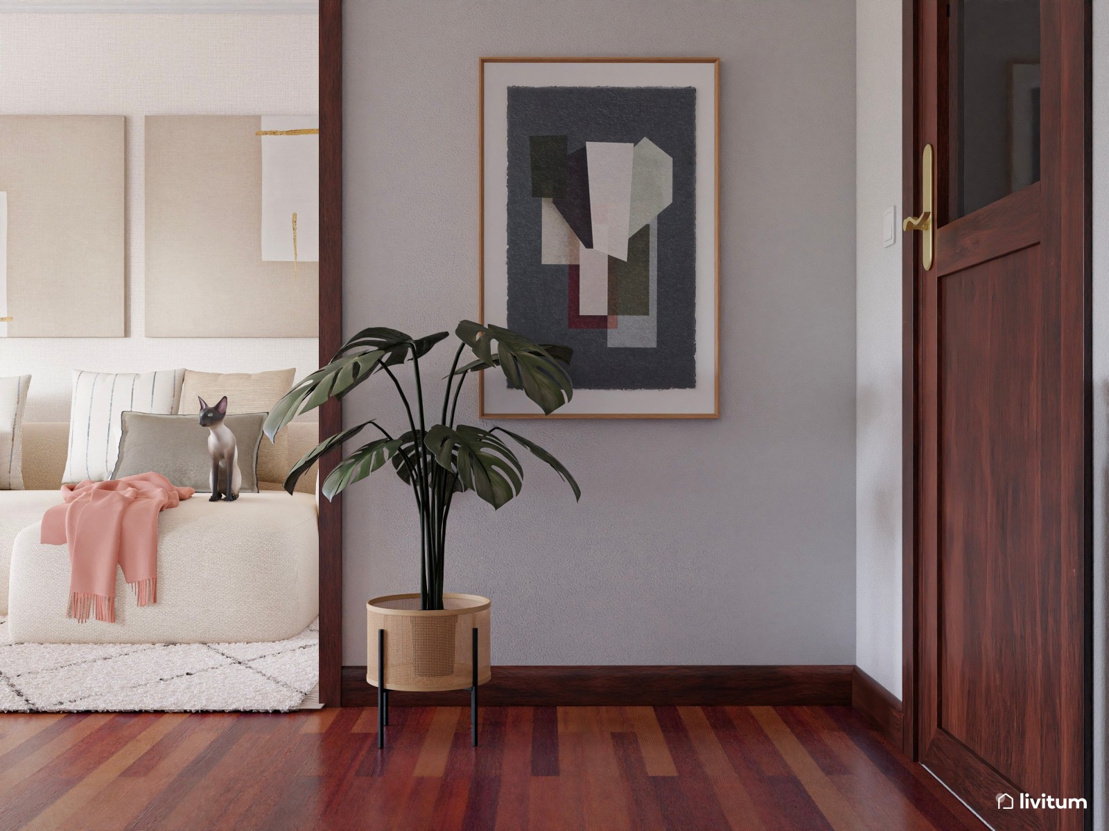 Salón comedor con suelo oscuro y diseño minimalista en tono arena 