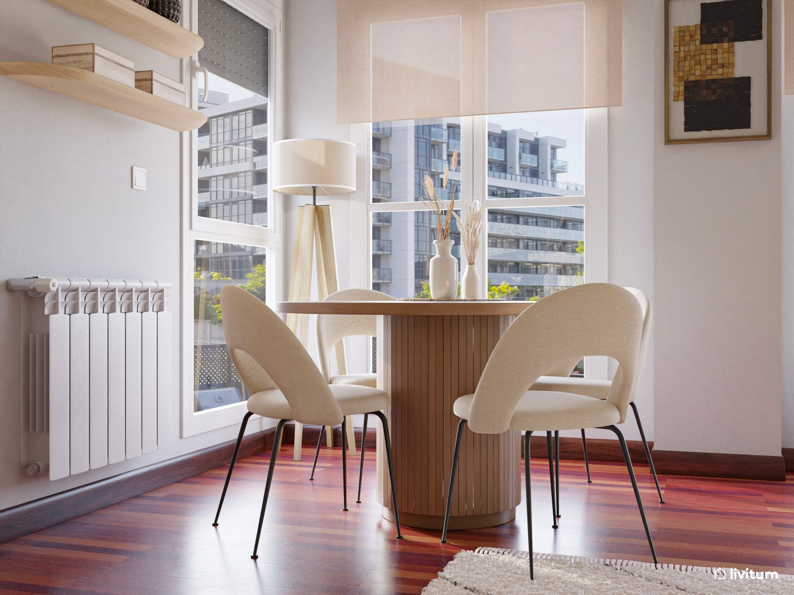 Salón comedor con suelo oscuro y diseño minimalista en tono arena 