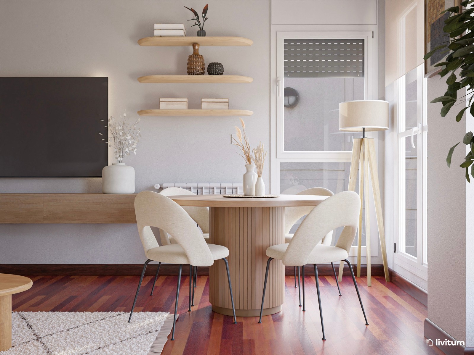 Salón comedor con suelo oscuro y diseño minimalista en tono arena 