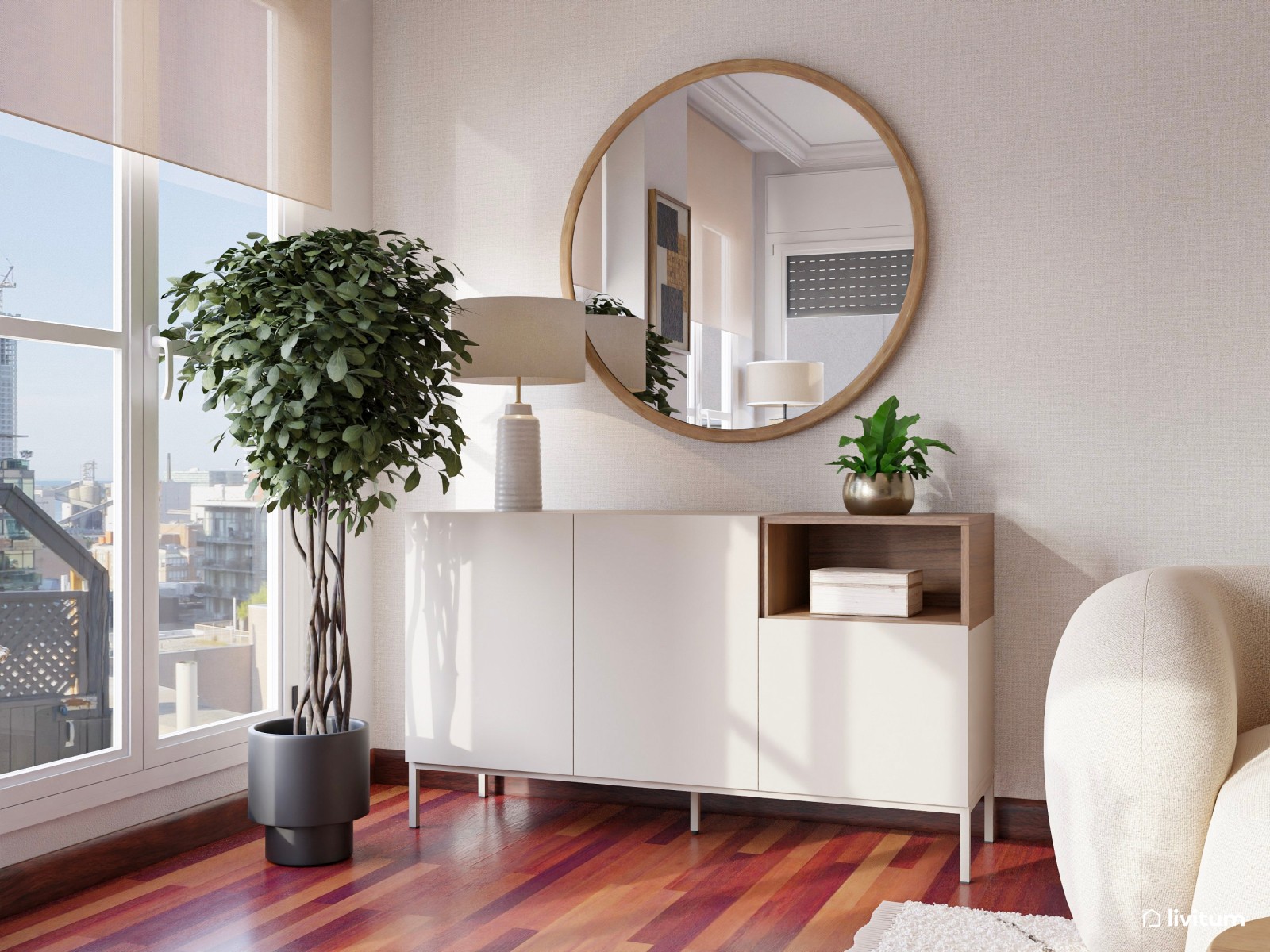 Salón comedor con suelo oscuro y diseño minimalista en tono arena 