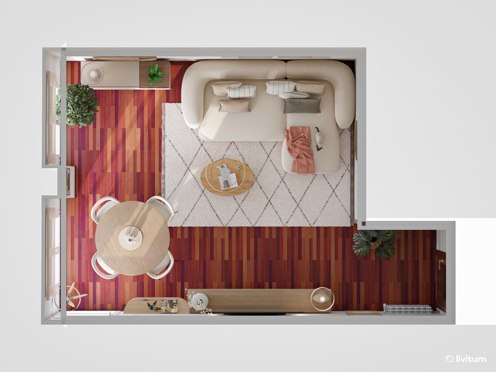 Salón comedor con suelo oscuro y diseño minimalista en tono arena 