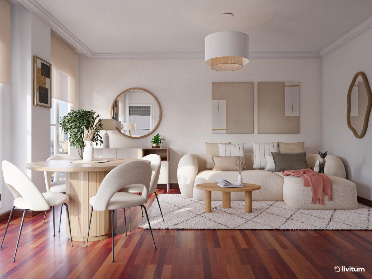 Salón comedor con suelo oscuro y diseño minimalista en tono arena