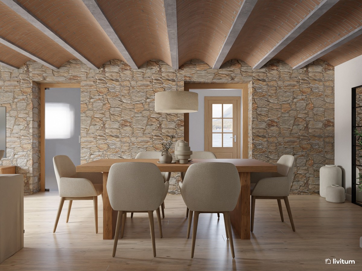 Salón comedor con techo abovedado y pared de piedra natural - Livitum.com