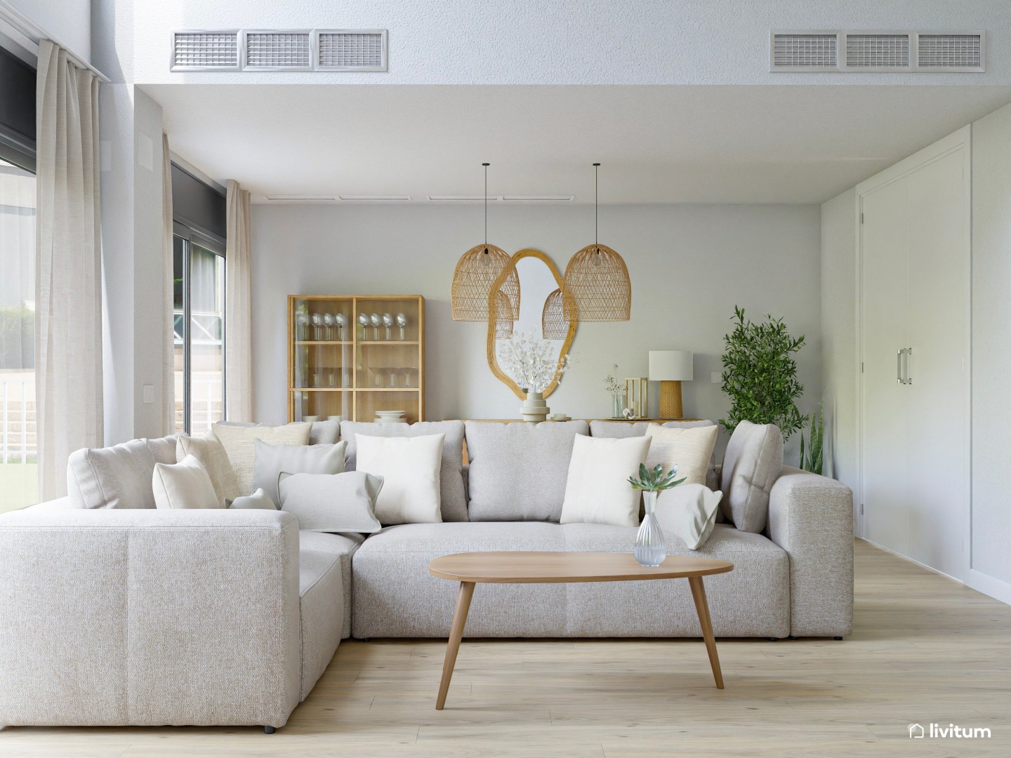 Salón comedor con techos altos de estilo nórdico y rústico - Livitum.com
