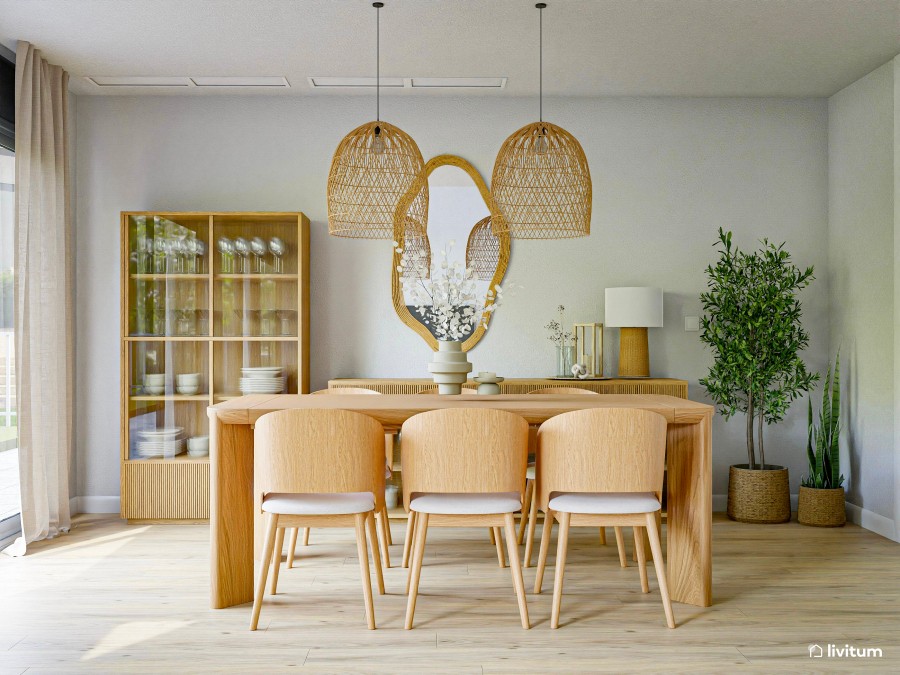 Salón comedor con techos altos de estilo nórdico y rústico - Livitum.com