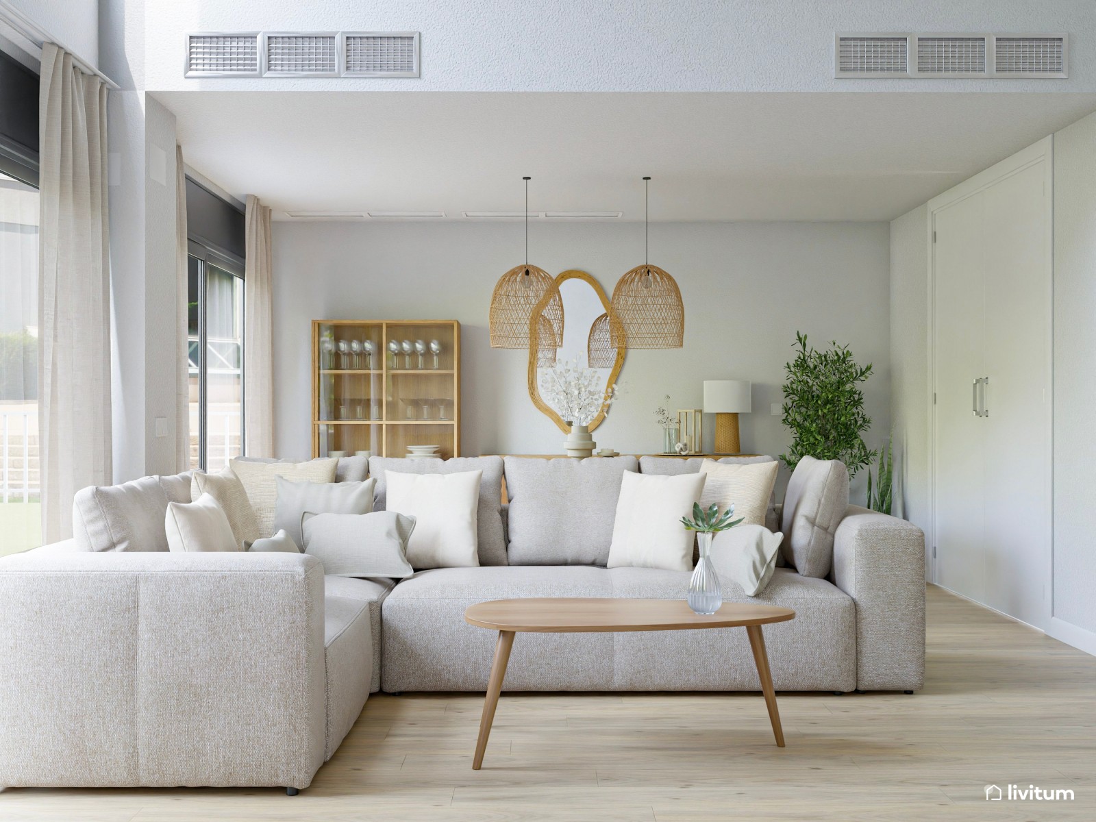 Salón comedor con techos altos de estilo nórdico y rústico