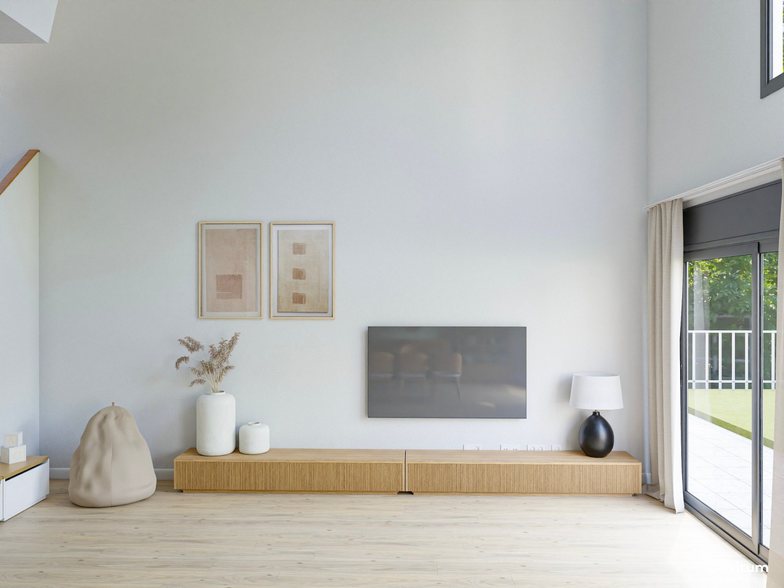 Salón comedor con techos altos de estilo nórdico y rústico