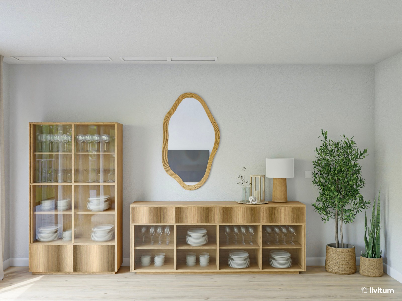 Salón comedor con techos altos de estilo nórdico y rústico