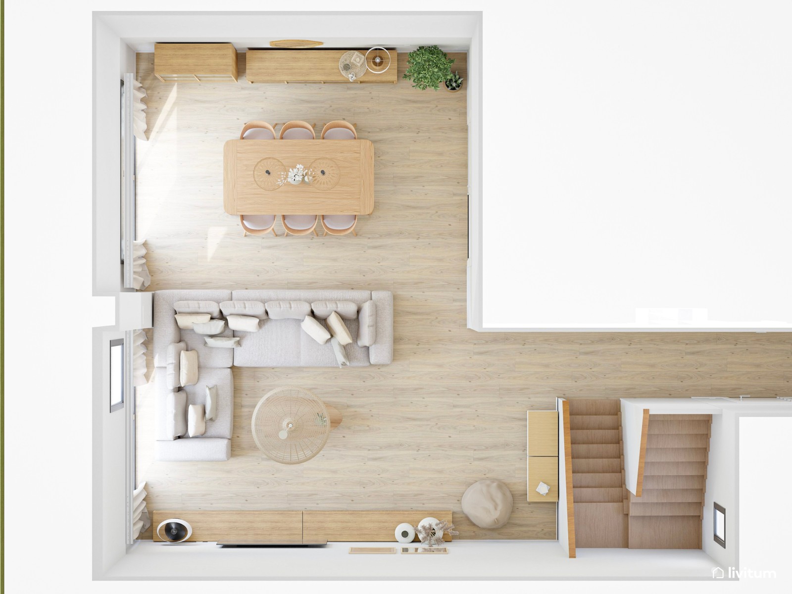 Salón comedor con techos altos de estilo nórdico y rústico
