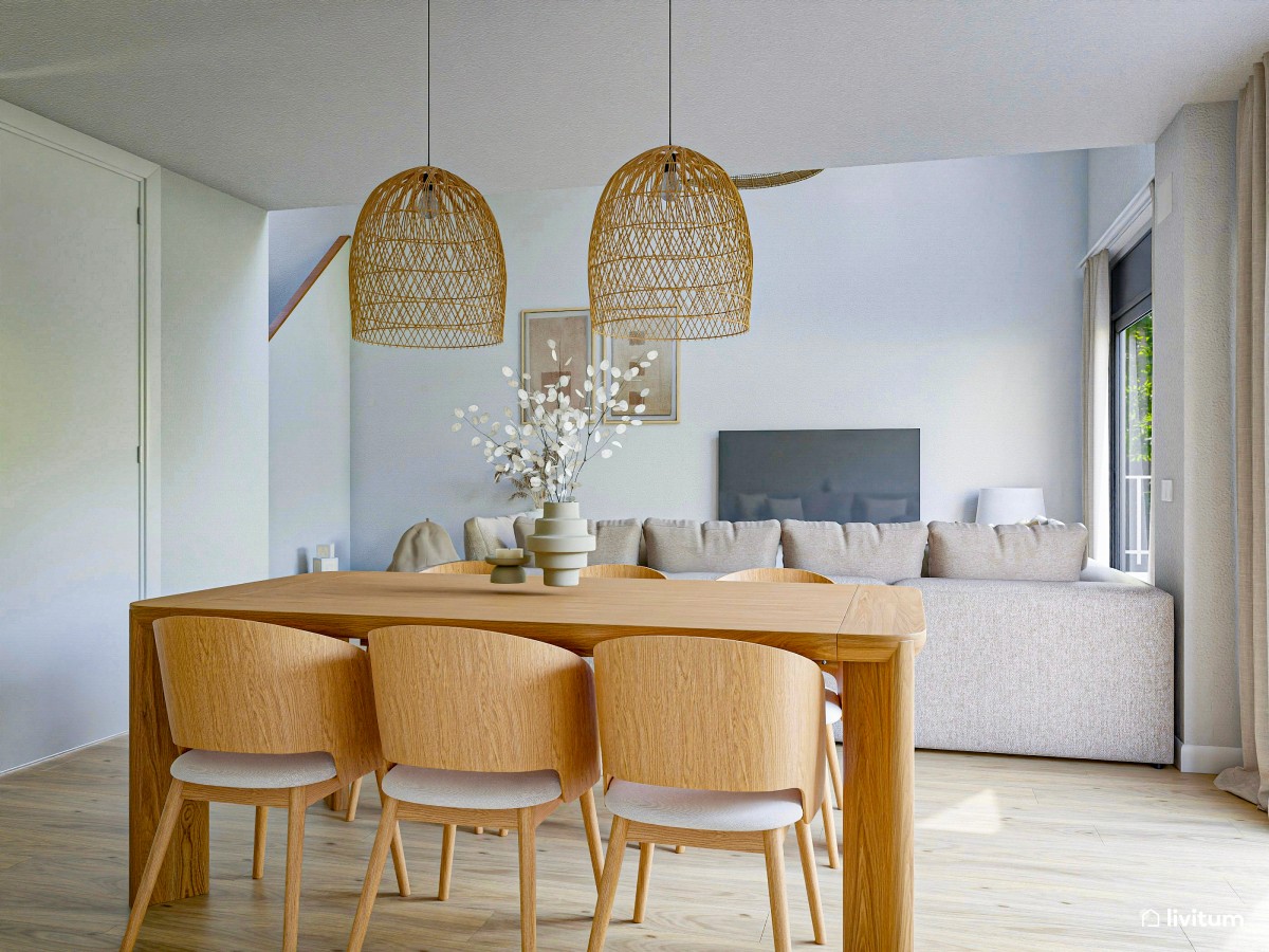 Salón comedor con techos altos de estilo nórdico y rústico - Livitum.com