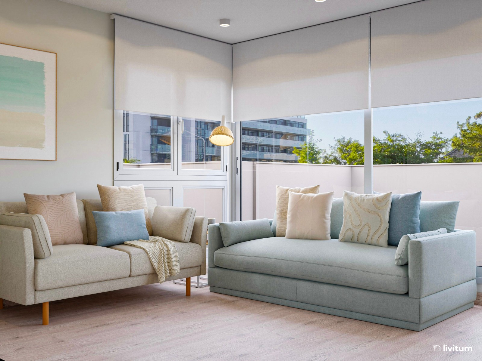 Salón comedor, con tonos pastel, de estilo muy mediterráneo