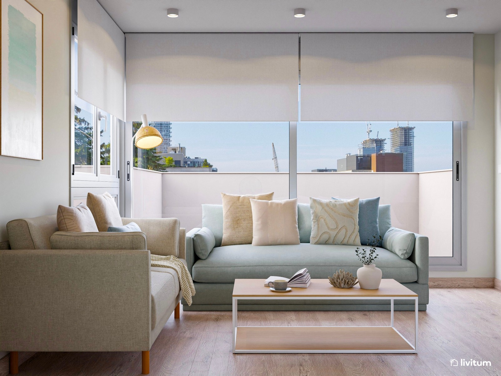Salón comedor, con tonos pastel, de estilo muy mediterráneo