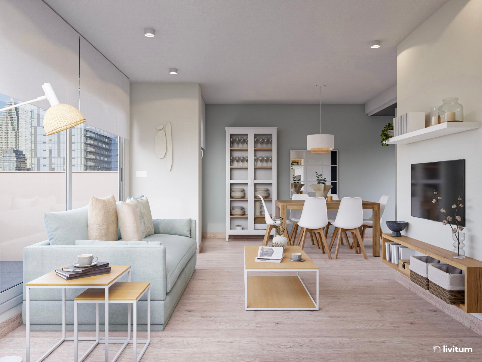 Salón comedor, con tonos pastel, de estilo muy mediterráneo