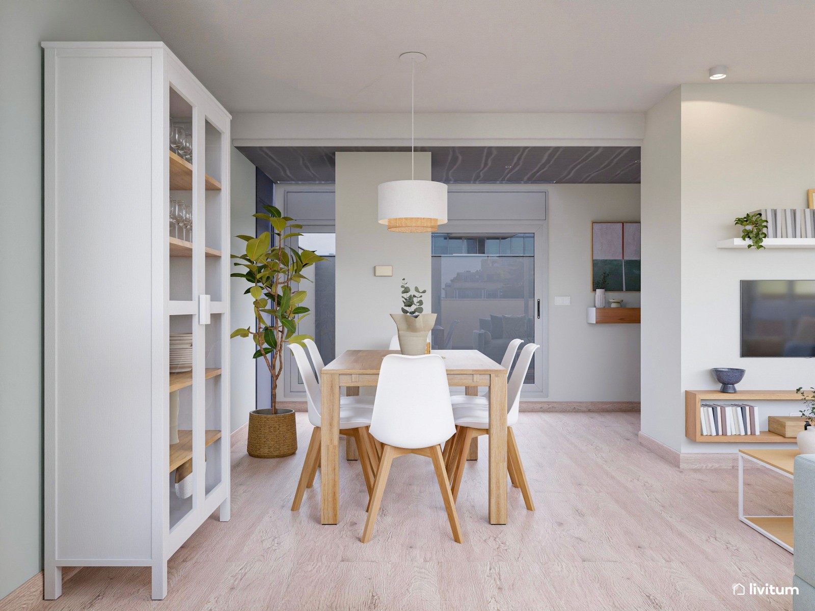 Salón comedor, con tonos pastel, de estilo muy mediterráneo