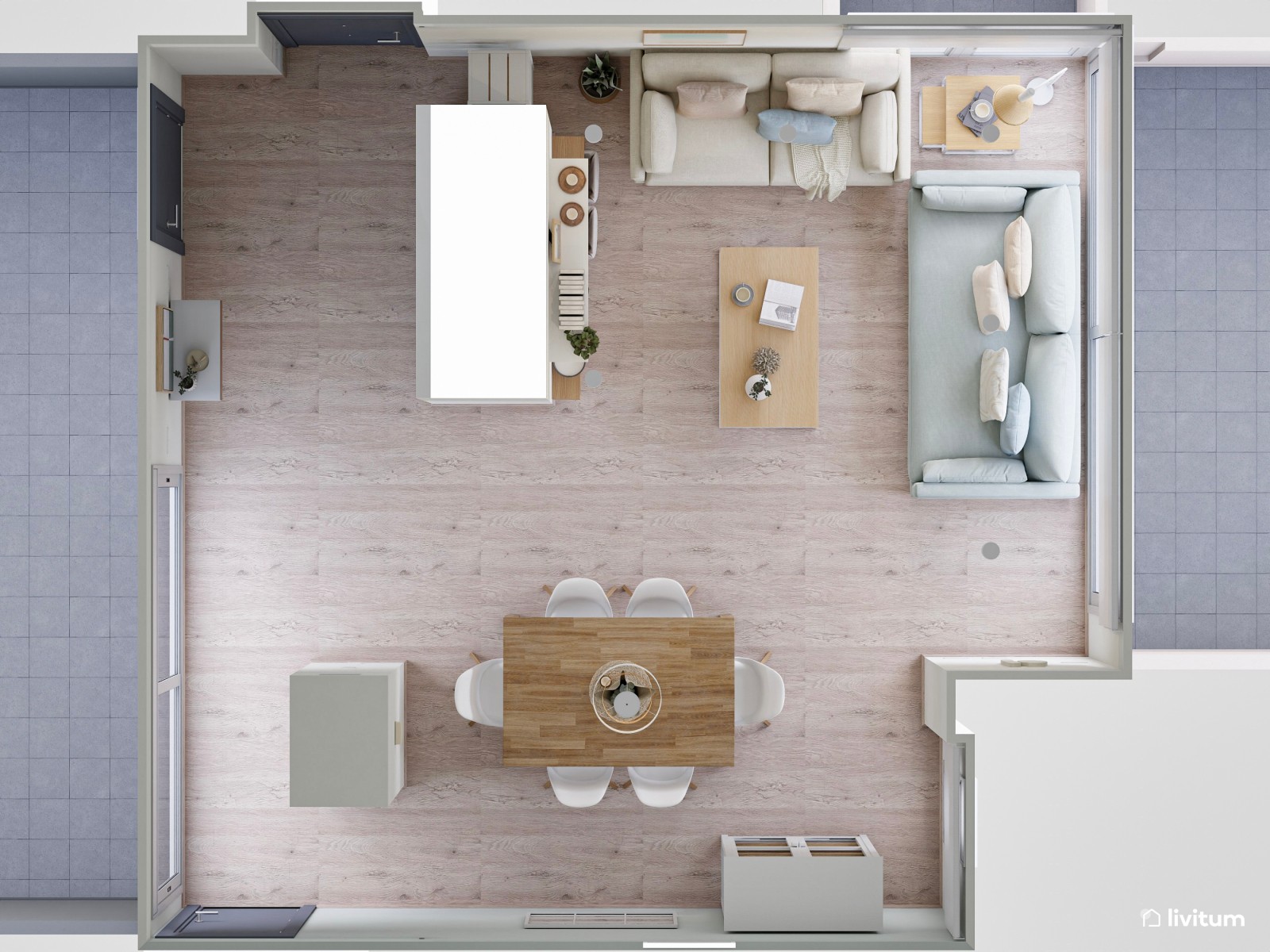 Salón comedor, con tonos pastel, de estilo muy mediterráneo
