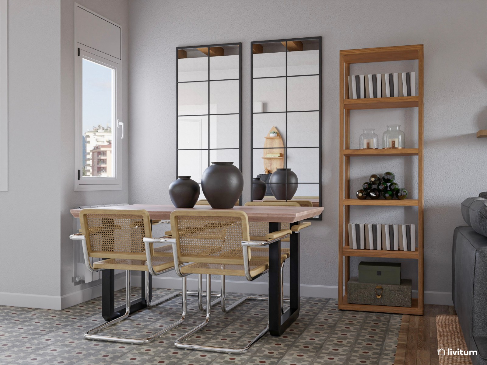Salón comedor con toques industriales y materiales naturales
