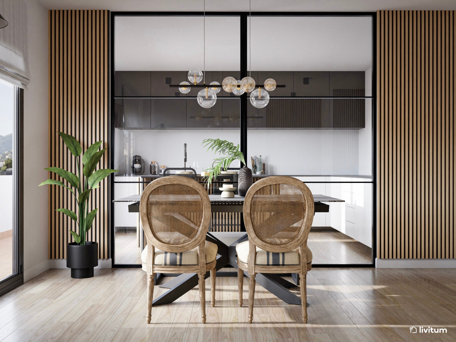 Salón comedor con una magnífica cocina con puerta de cristal 