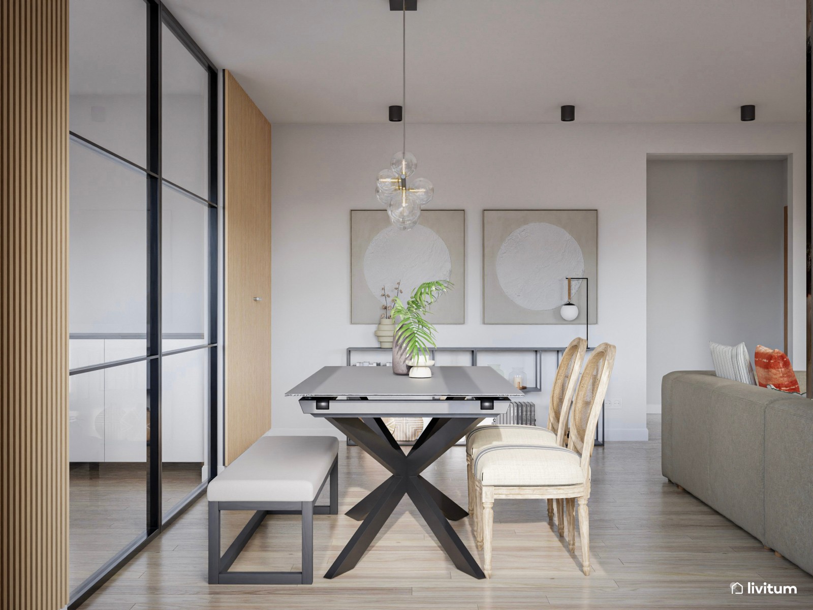 Salón comedor con una magnífica cocina con puerta de cristal 