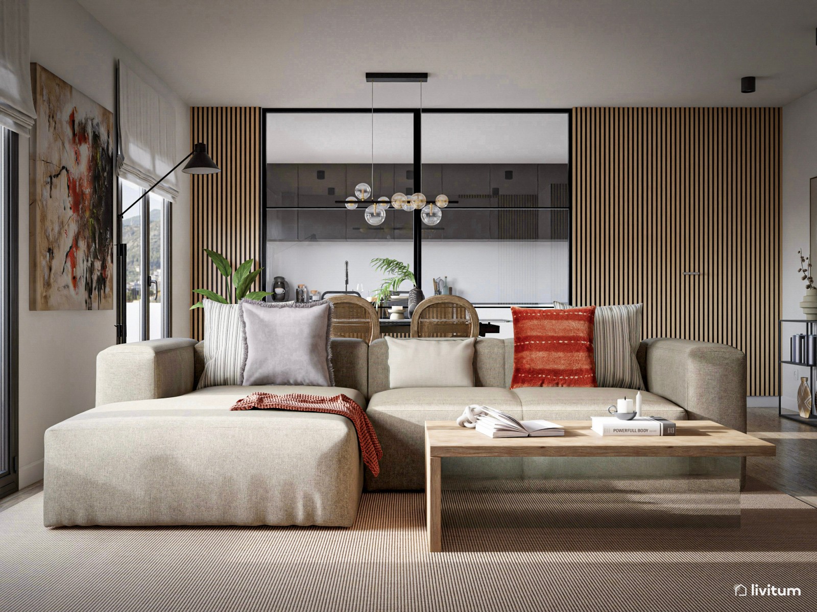 Salón comedor con una magnífica cocina con puerta de cristal 