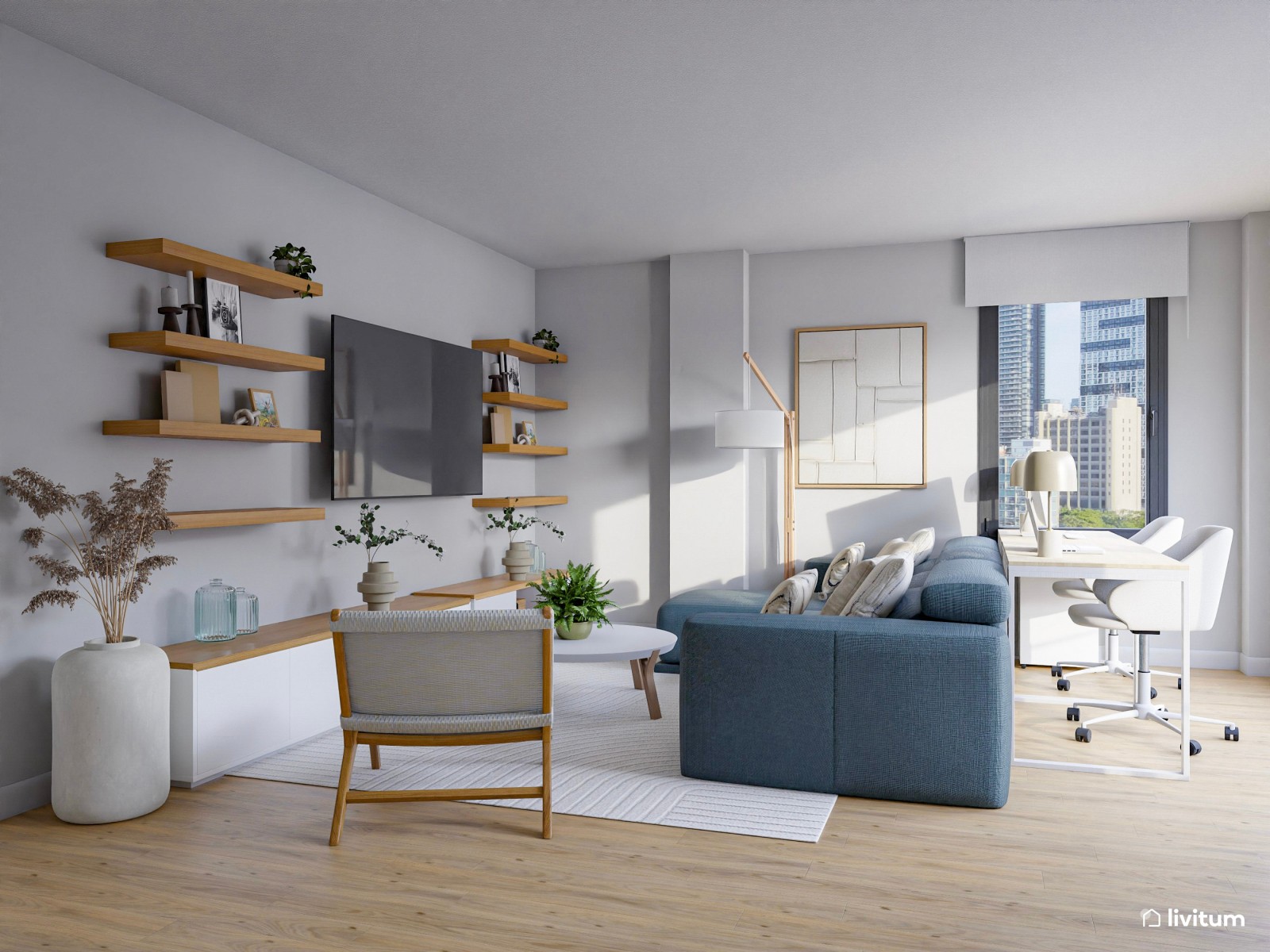 Salón comedor con zona de despacho con dos escritorios