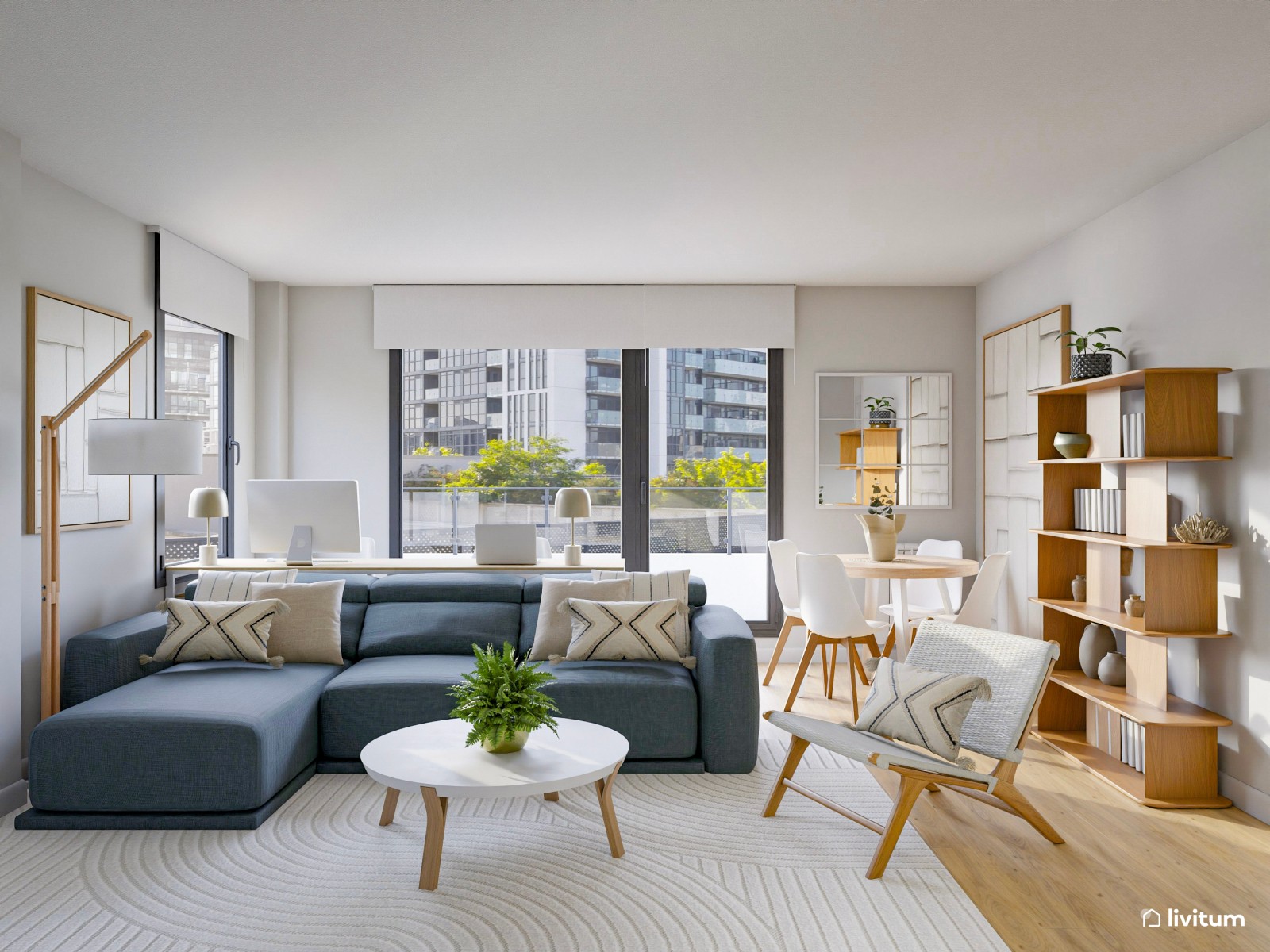 Salón comedor con zona de despacho con dos escritorios