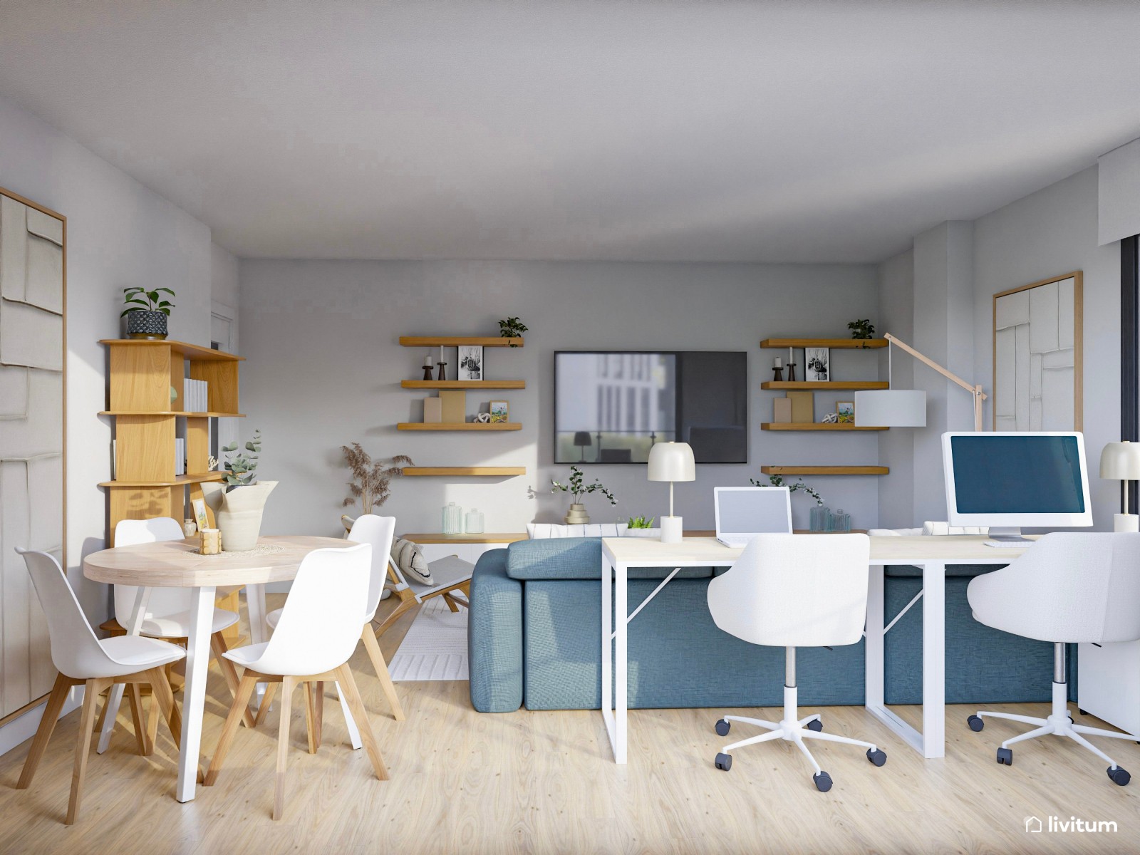 Salón comedor con zona de despacho con dos escritorios