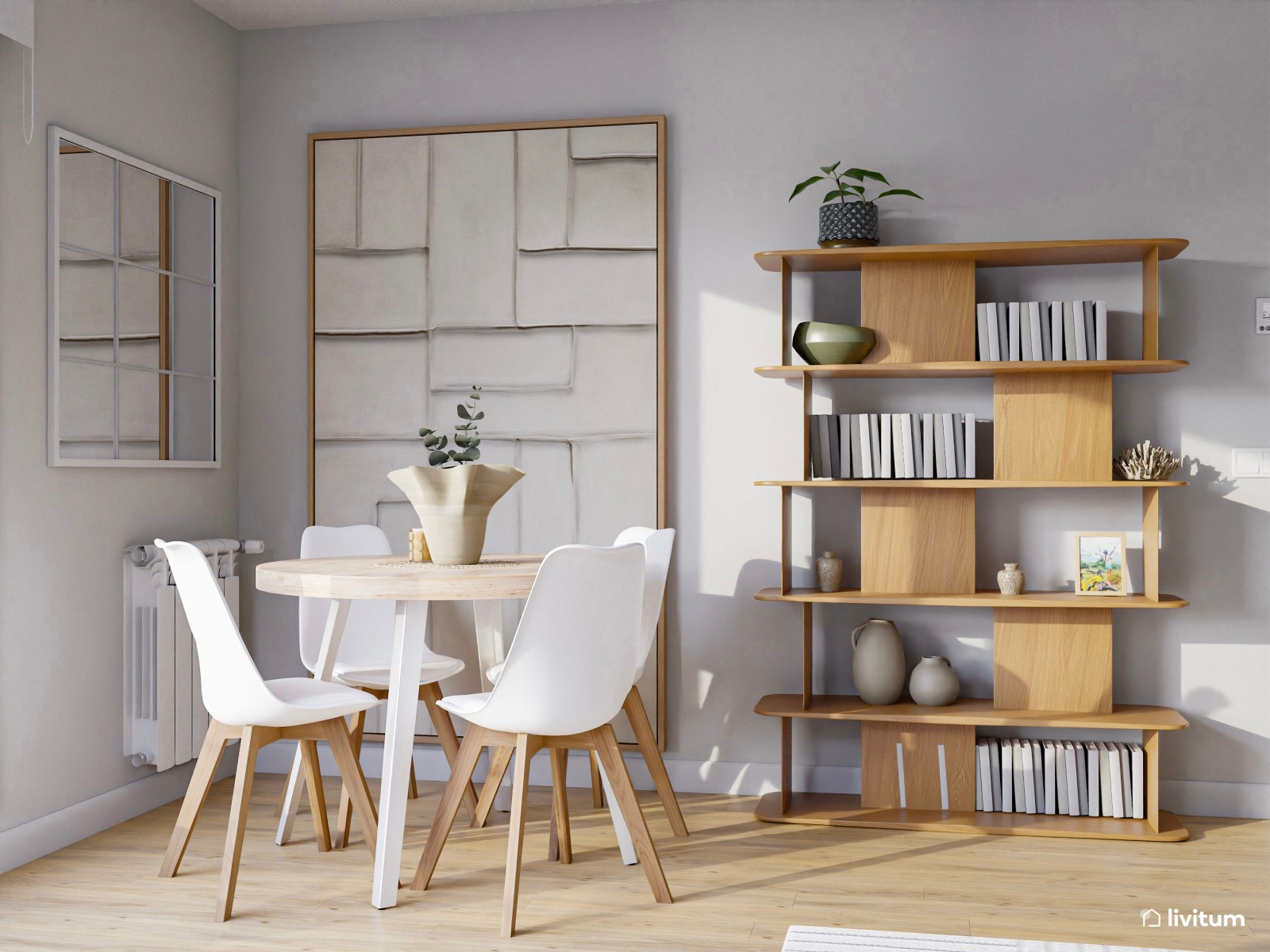 Salón comedor con zona de despacho con dos escritorios