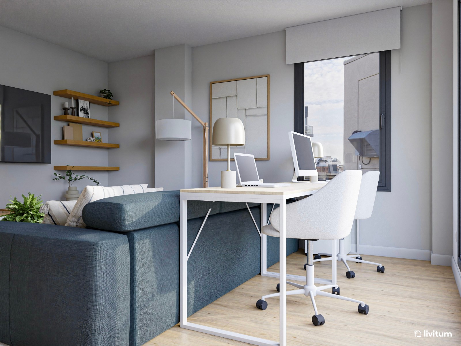 Salón comedor con zona de despacho con dos escritorios