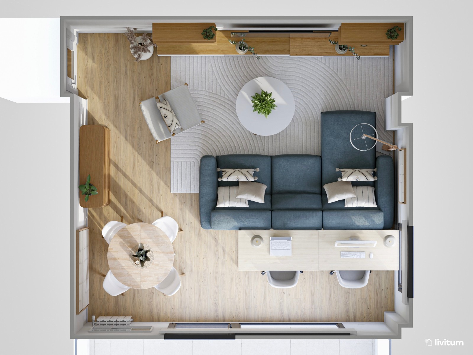 Salón comedor con zona de despacho con dos escritorios